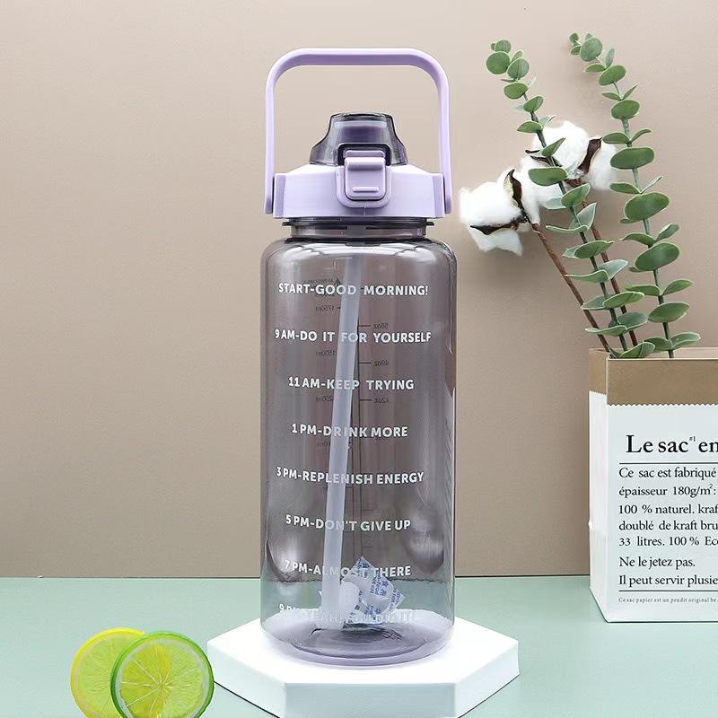 2L Straw Water Bottle Large Capacity Plastic Water Cup Portable Sippy Cup Drink Bottle With Marker For Outdoor Sports Fitness