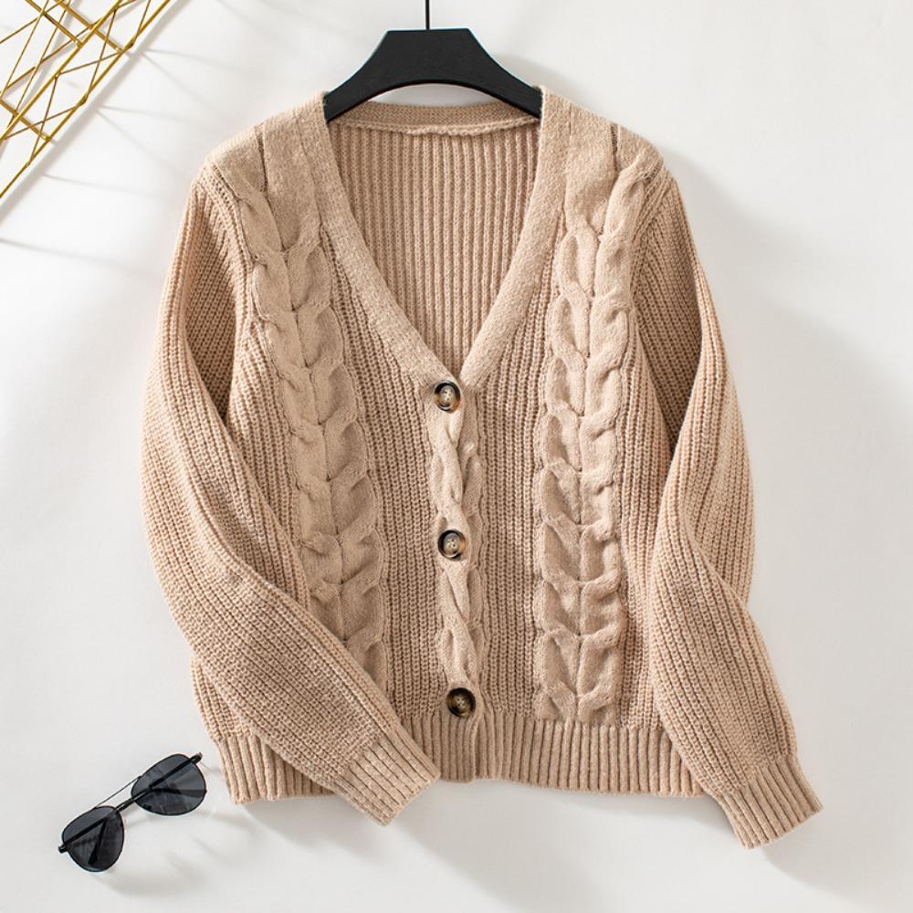 V-neck Sweater Autumn and Winter Loose Retro Twist Knitted Cardigan Sweater for Women