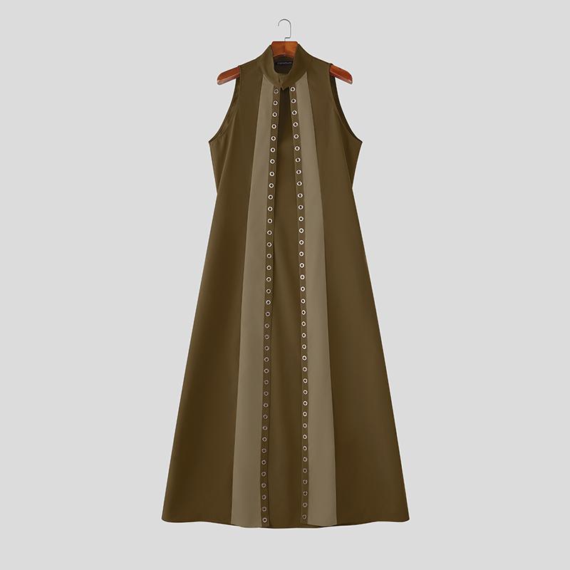 INCERUN Men Stand Neck Sleeveless Open Front Eyelet Casual Cosplay Long Vest Cardigan
