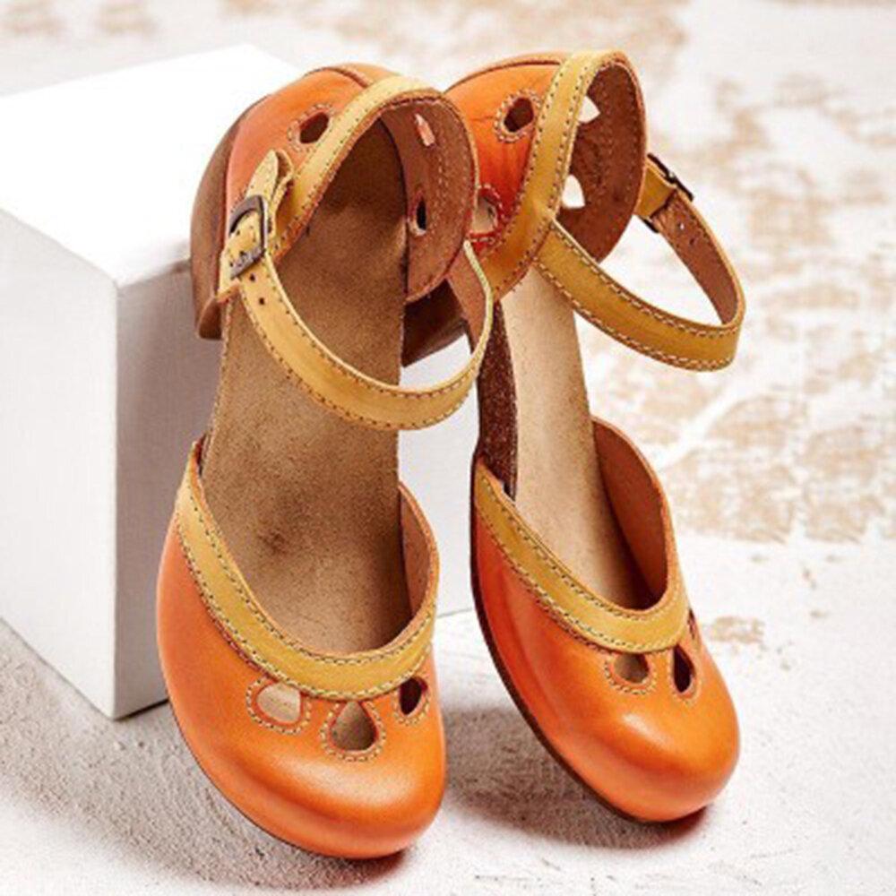 New European and American One-word Belt Imitation Leather Green Round Head Thick Heel Buckle Fashion Sandals