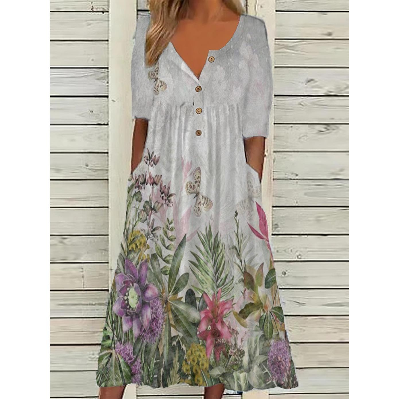 

GMXIA Весеннее платье с V-образным вырезом, застежкой на пуговицы, коротким рукавом, женское платье макси с карманами XXXXXL