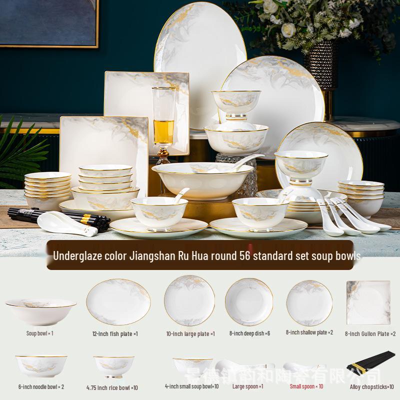 2024 New Luxury Glazed Ceramic Bowl and Plate Set with Chopsticks – High-Temperature Housewarming Gift