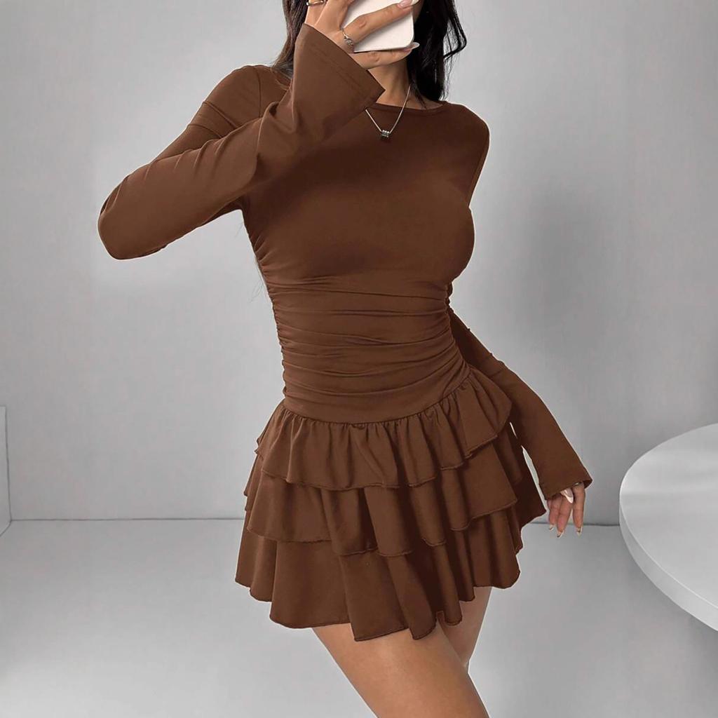 Women's Round Neck Long Sleeve Slim Fit Layered Ruffle Mini Dress Casual Fall Party Dress