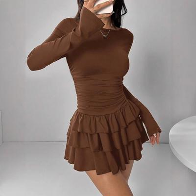 Women's Round Neck Long Sleeve Slim Fit Layered Ruffle Mini Dress Casual Fall Party Dress