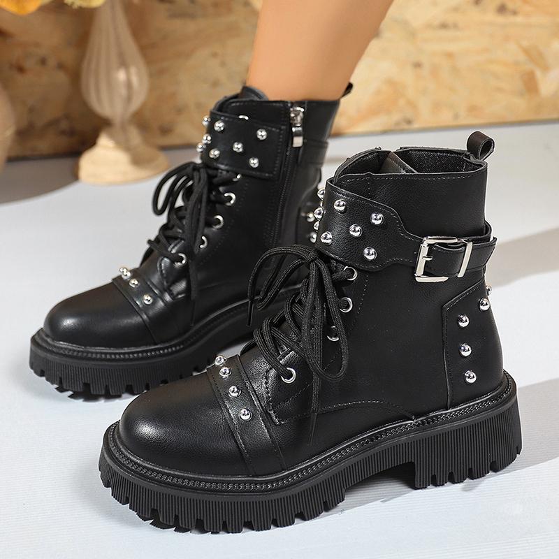 Fashion Punk Style Rivet Decor Black Combat Boots Women PU Leather Platform Ankle Boots Woman Fashion Buckle Strap Motorcycle Booties