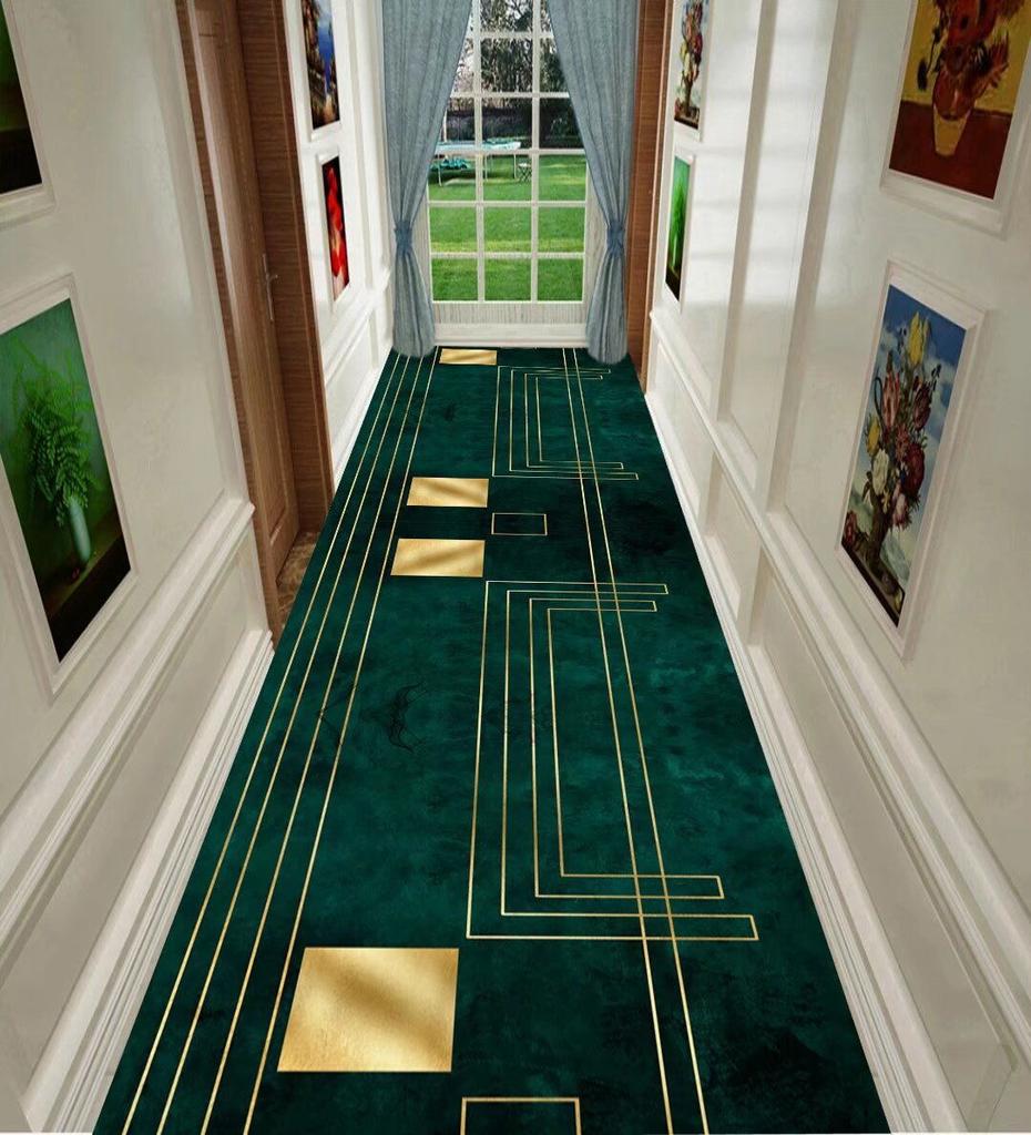 Modern Green Geometric Long Carpets Hallway Anti-slip Stairway Floor Mat Washable Luxury Rugs for Living Room Aisle Customizable