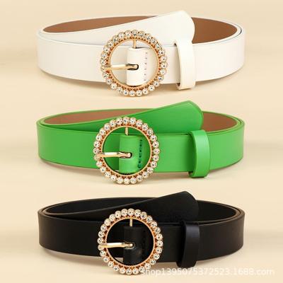 New Arrival Belt Women's Fashion Inlaid Rhinestone Round Buckle Retro Decorative Dress Belt