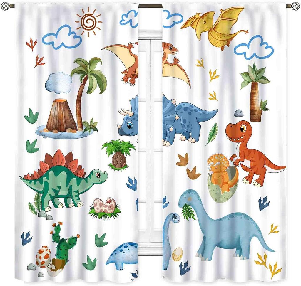 Kids Dinosaur Curtains For Boys Room, Cartoon Dino Funny Cute Dinosaur Safari Animals Colorful Window Treatments Drapery For