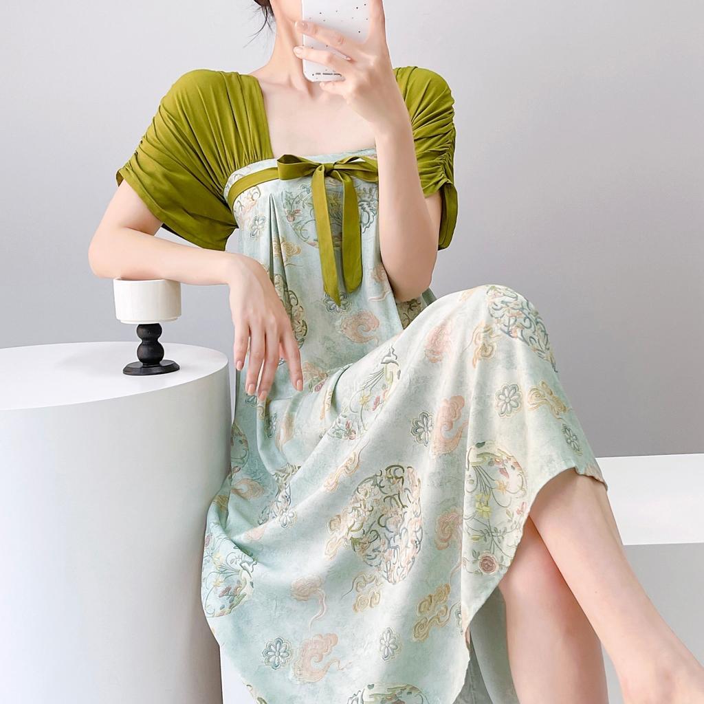 Women's nightgown thin short-sleeved printing light luxury simple breathable casual loungewear long skirt can be worn outside