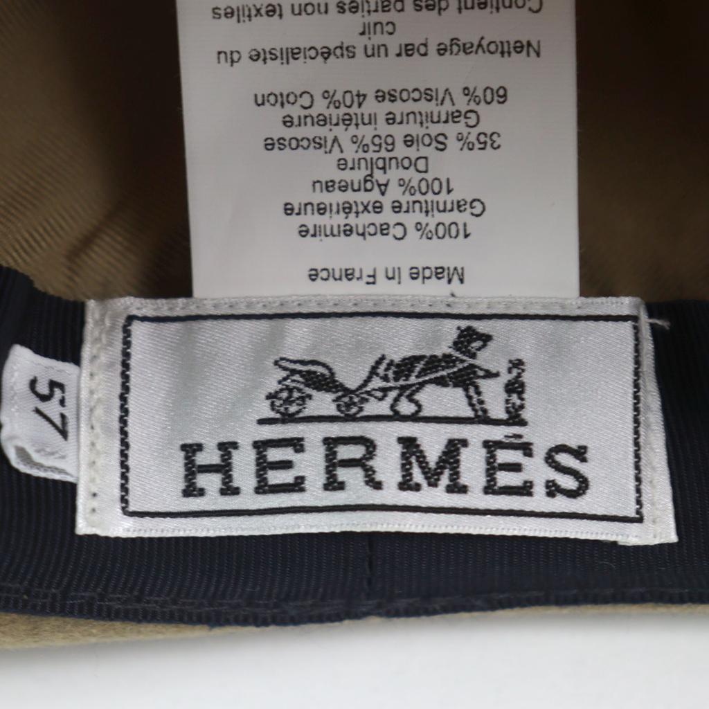 Excellent HERMES Hat Serie Buttons, Leather, H Logo All-over Felt Lining Beige Cashmere 57 Used