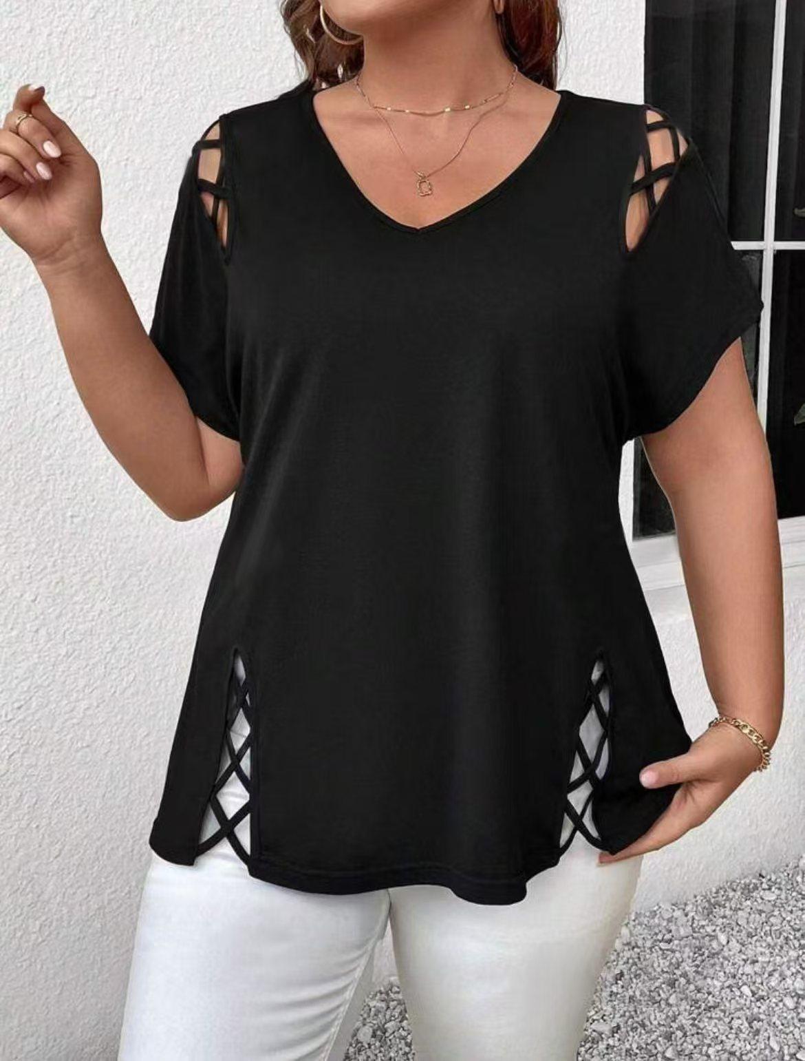 2025 summer Amazon new cross-border solid color cross with large size women s T-shirt 1XL