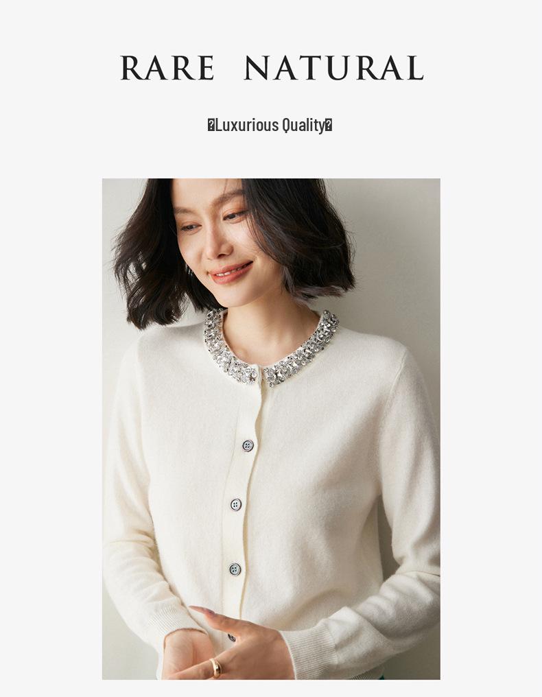 Autumn Winter Wool Knit Cardigan with Beaded Rhinestone Embellishments