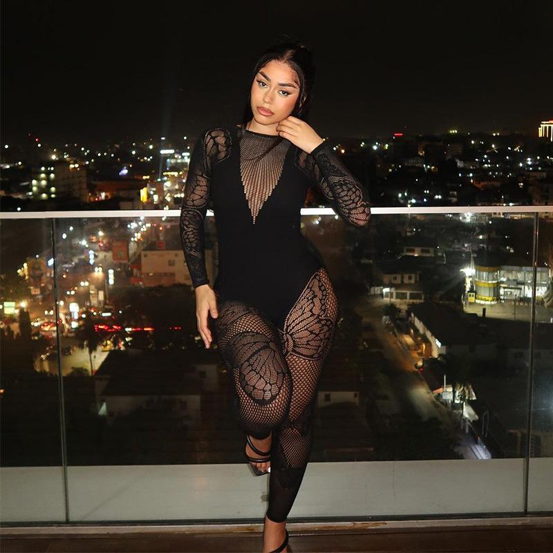 Sexy See Through Jumpsuits Women Long Sleeve Thin Mesh Butterfly Print Elastic Midnight Clubwear Workout Overalls