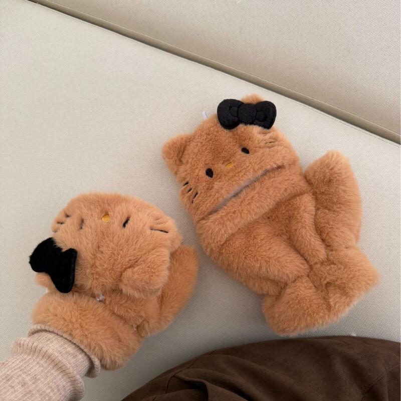 Милые плюшевые перчатки-варежки с откидным верхом в виде кошек