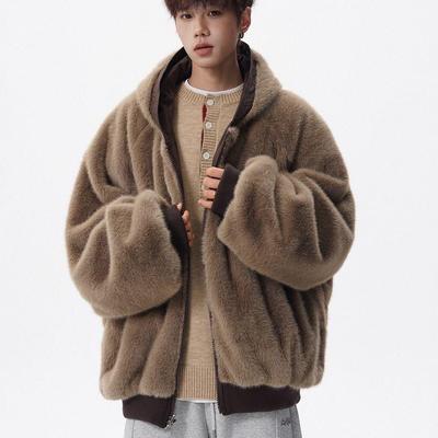 Reversible Retro Cool Imitation Rabbit Fur Hooded Cotton Jacket for Men - Versatile, Warm Winter Outerwear.
