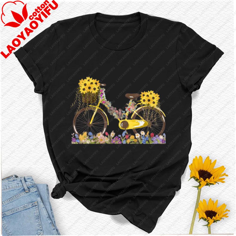 Floral Bicycle TShirt Sunflower Wildflower Graphic Tee Cute Garden Nature Shirt for Unisex Summer Botanical Gift Tops Y2k Top