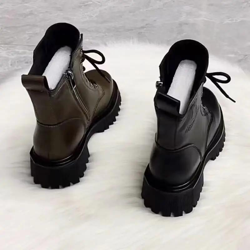 Fashion Soft Leather Motorcycle Boots Women's Autumn Winter New Style British Style Thick Bottom Low Heel Versatile Retro Short Boots