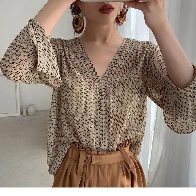 Women Elegant V Neck Vintage Blouses Lady Long Sleeve Loose Casual Chiffon Shirts