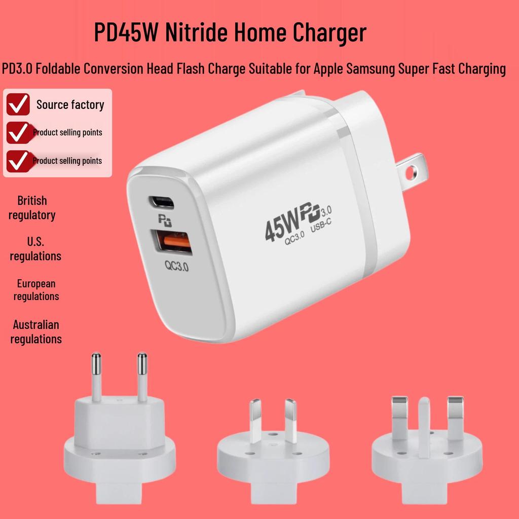 Compact Gallium Nitride 45W Fast Charger for Apple & Samsung with PD+QC3.0 Compatibility