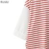 ZANZEA Women Turn Down Collar Casual Stripe Splice 3/4 Sleeve T-shirts Blouse