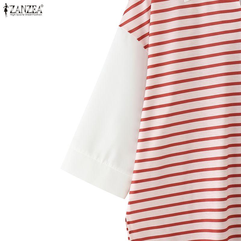 ZANZEA Women Turn Down Collar Casual Stripe Splice 3/4 Sleeve T-shirts Blouse