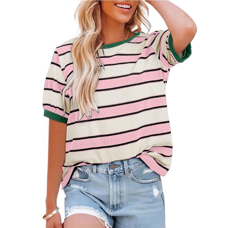 Damen Gestreiftes Rundhals-T-Shirt Kurzarm Lässiges T-Shirt