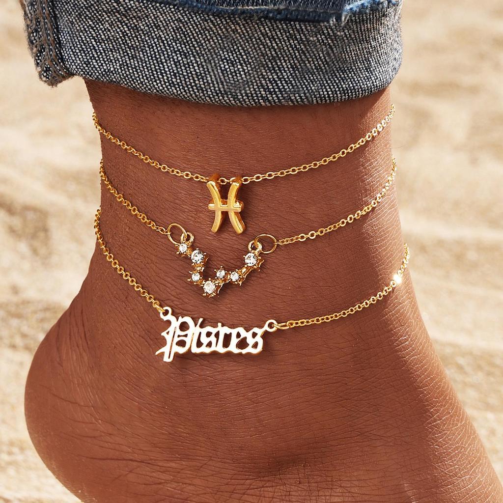 12 Constellation Multilayer Zodiac Anklet Set for Women - Gold Rhinestone High-End Jewelry, 3-Piece