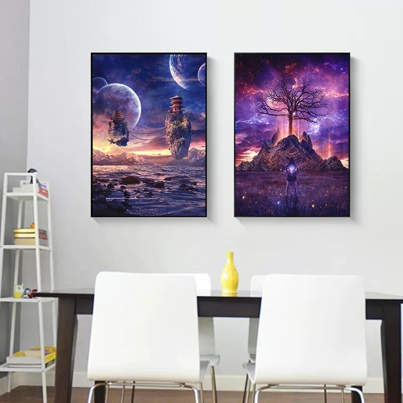Modern Colorful Posters with a Cosmic Planet, Canvas, Painting, Abnormal Landscape, Scandinavian Wall Art Painting for the Living Room,