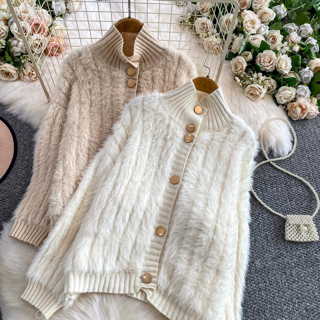 Autumn Winter Women Casual Turtleneck Single Breasted Furry Mohair Knitted Sweater Cardigans Tops Jacket Coat