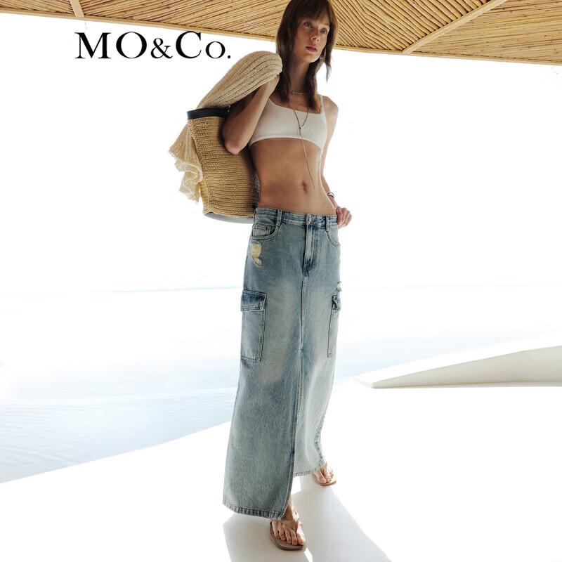 MO&Co. High-Waist Distressed Slit Denim Skirt