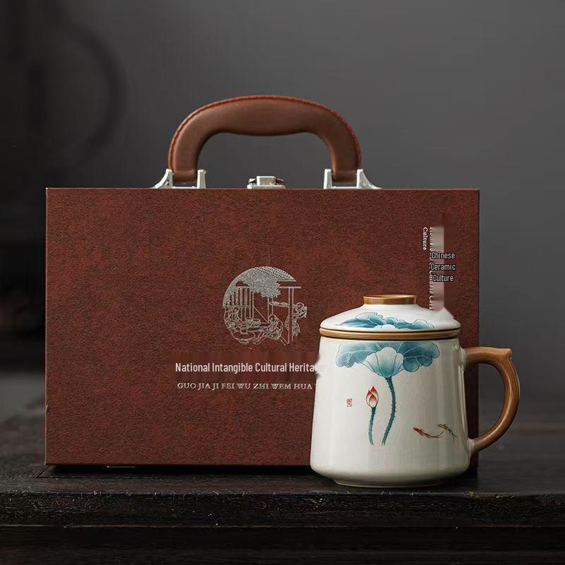 Blue and White Ceramic Office Mug with Tea and Water Separation, Large Capacity.