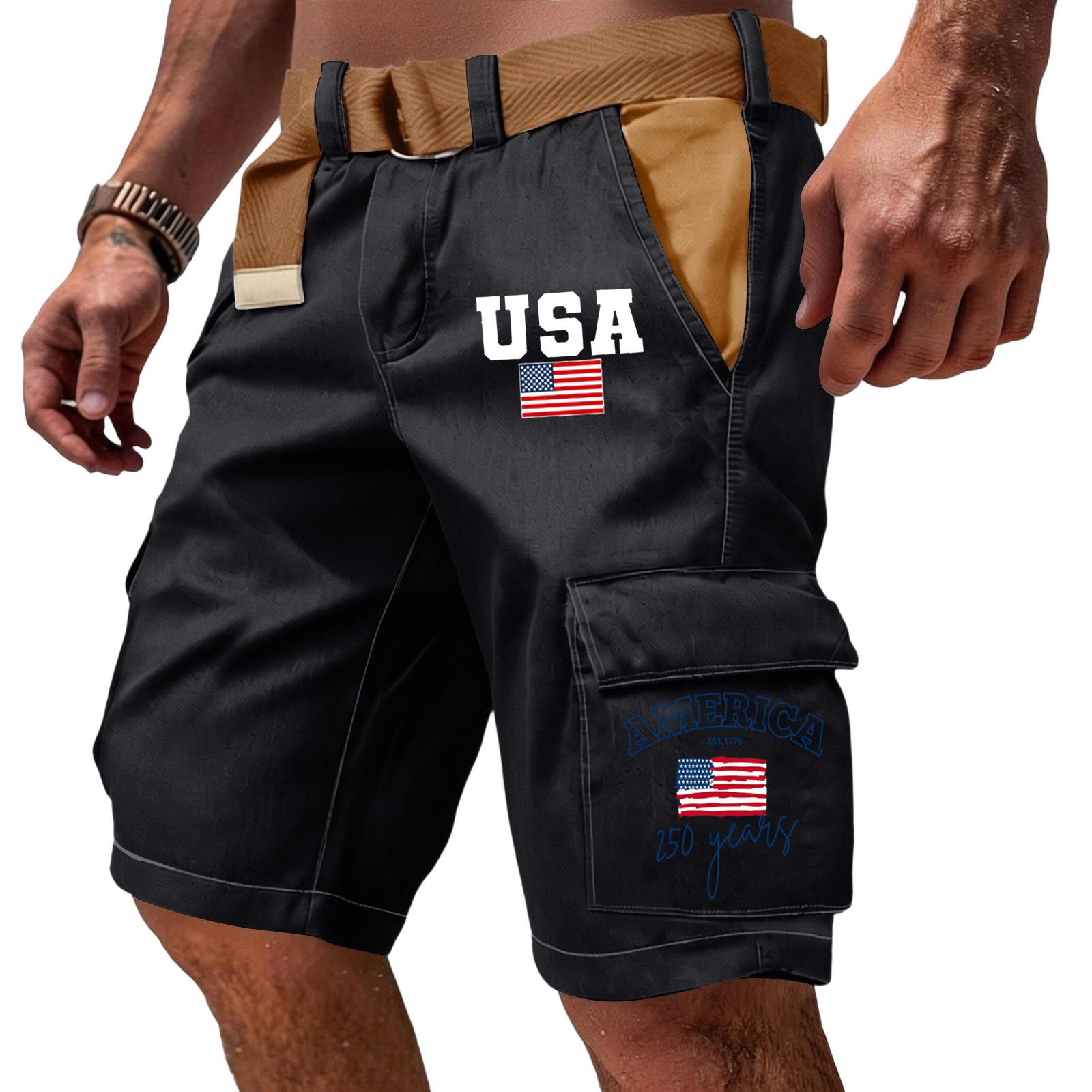 

Men s Casual Multi Pocket Cargo Shorts with Letter and Flag Print Functional Design Durable Fabric Suitable for Outdoor and Everyday Wear L чёрный