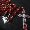 QIGO Transparent Red Glass Beads Rosary Necklace Metal Cross Catholic Jewelry
