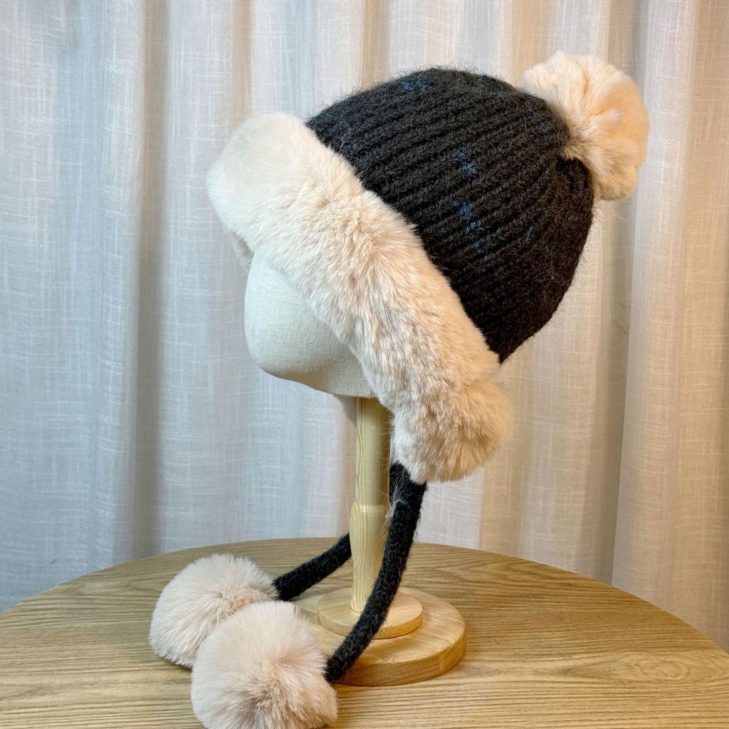 Cute Fur Ball Ear Protection Hat for Women In Autumn and Winter Thickened Knitted Versatile Face Showing Small Woolen Hat Outdoor Warm Lei Feng Hat