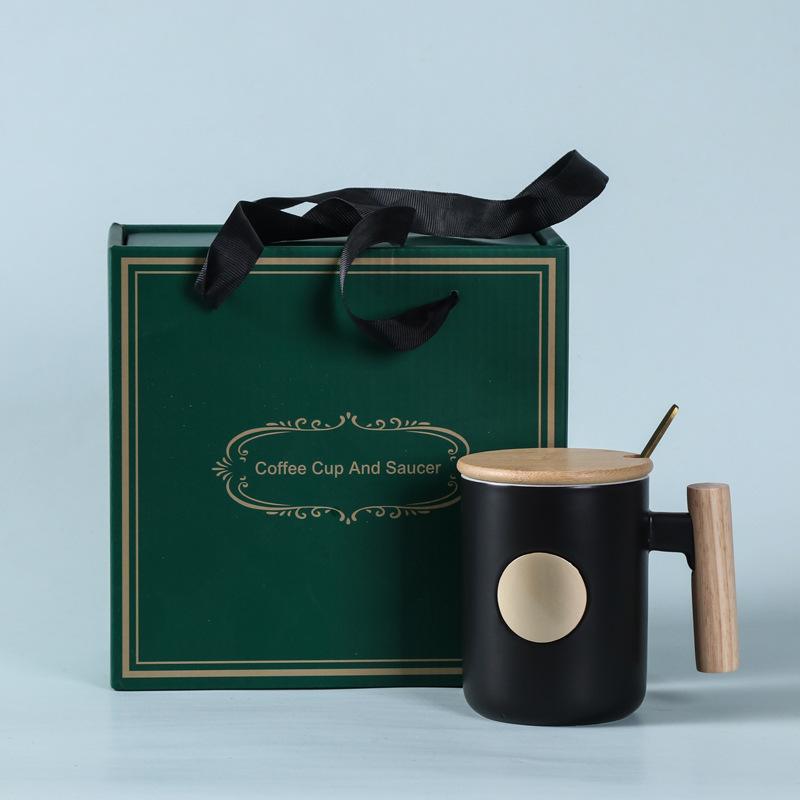 

Simple straight copper seal cup, wooden handle ceramic mug, Nordic style milk coffee cup with lid spoon 380ml
