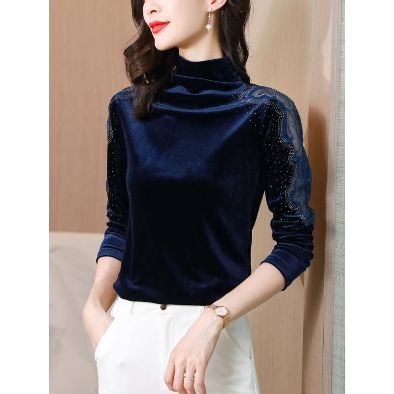 

Осень Новый Стиль Модный Новый Стиль Модный Универсальный Водолазка Кружево Бархат Железный Бриллиант Длинный Рукав Базовая Рубашка для Женщин M синий