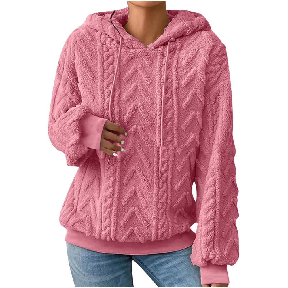 Felpa con cappuccio in pile accogliente da donna, calda, larga, maniche lunghe, tinta unita grigio, pullover casual, pullover invernale casual con cappuccio