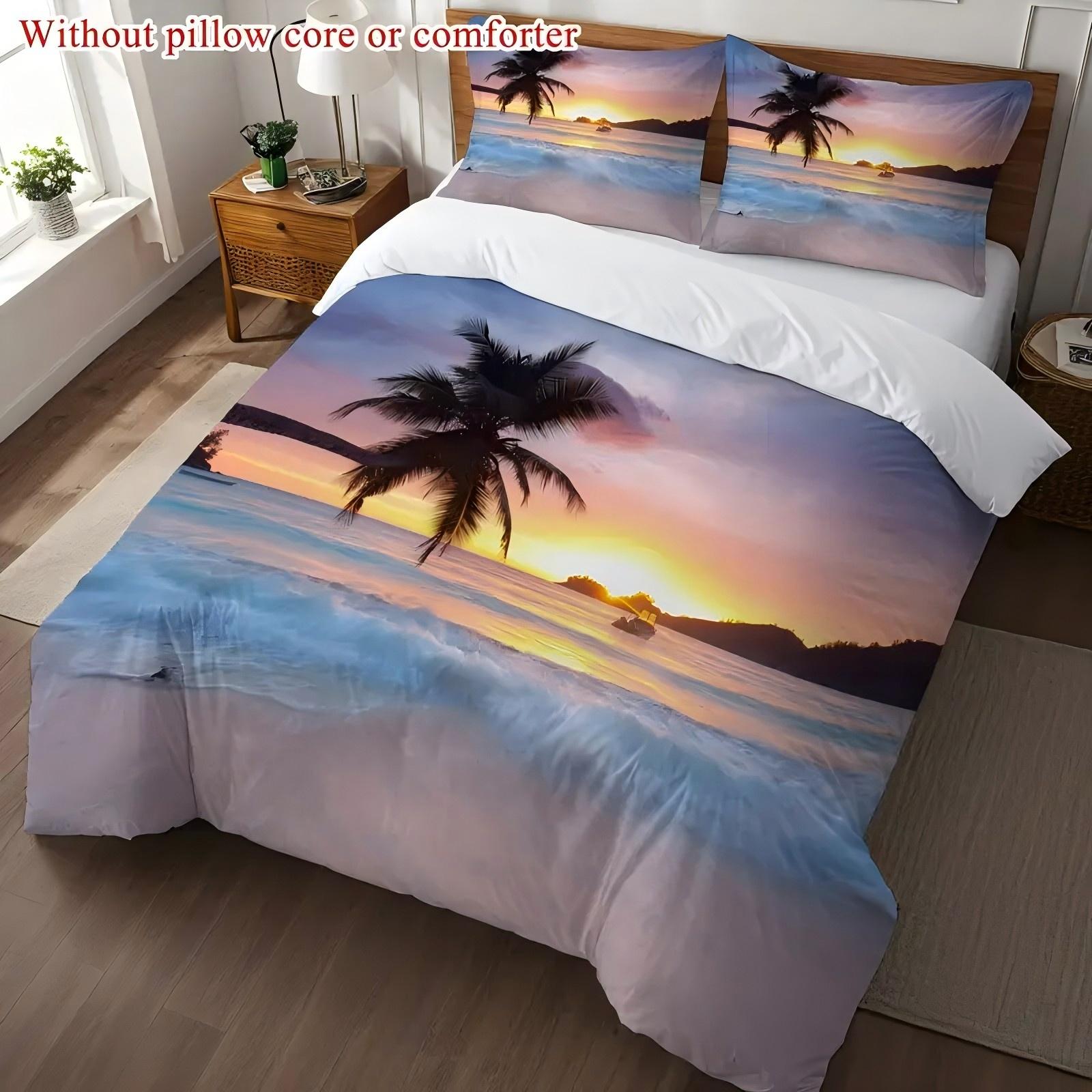 

Pink Blue Sky Beach Sunset Scenery 3D Printed Bedding Set Summer Hawaiian Style Duvet Cover Set Soft Comfortable Quilt Cover Set EU single(135x200cm)