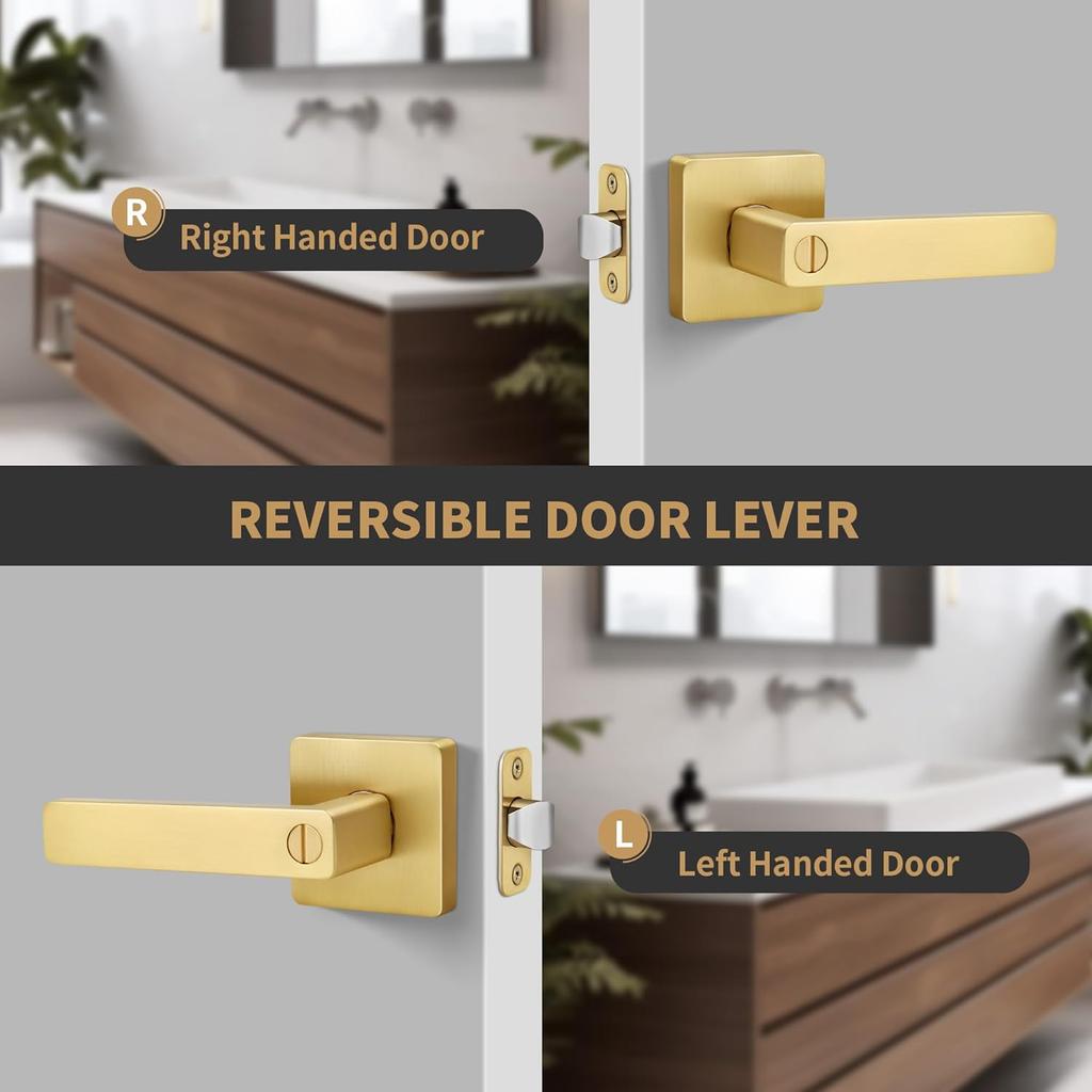 Brushed Gold Door Handles, Heavy Duty Keyless Privacy Door Lever, Reversible Square Door Handle Without Keys for Bedroom Bathroom Door, Satin Brass