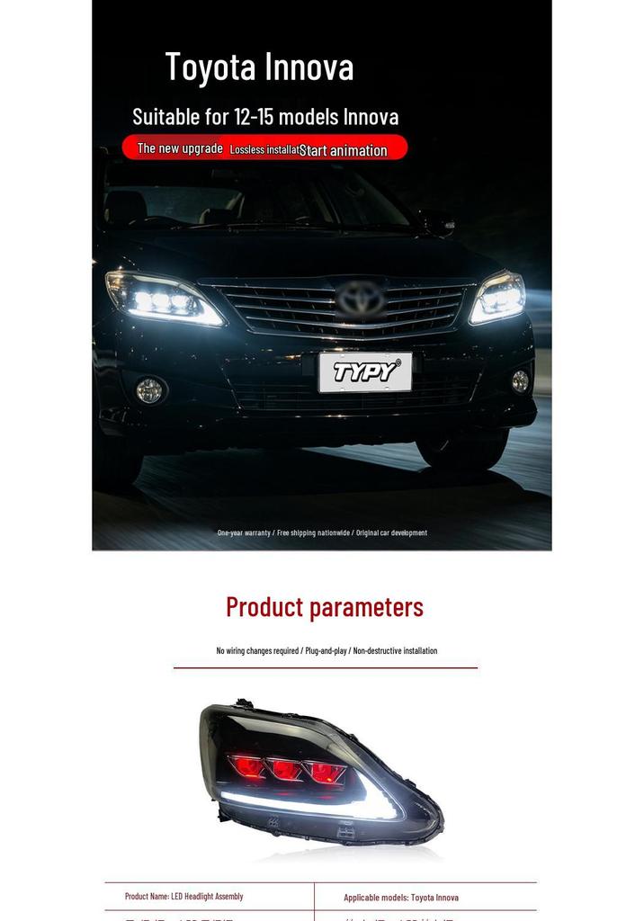LED Projector Headlight Assembly with Flowing Turn Signal for 2012-2015 Toyota Innova