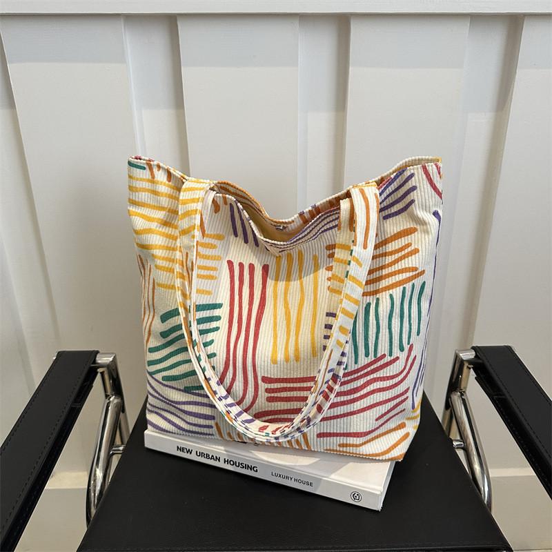 Fashionable Corduroy Canvas Tote Bag With Colorful Stripes And Large Capacity