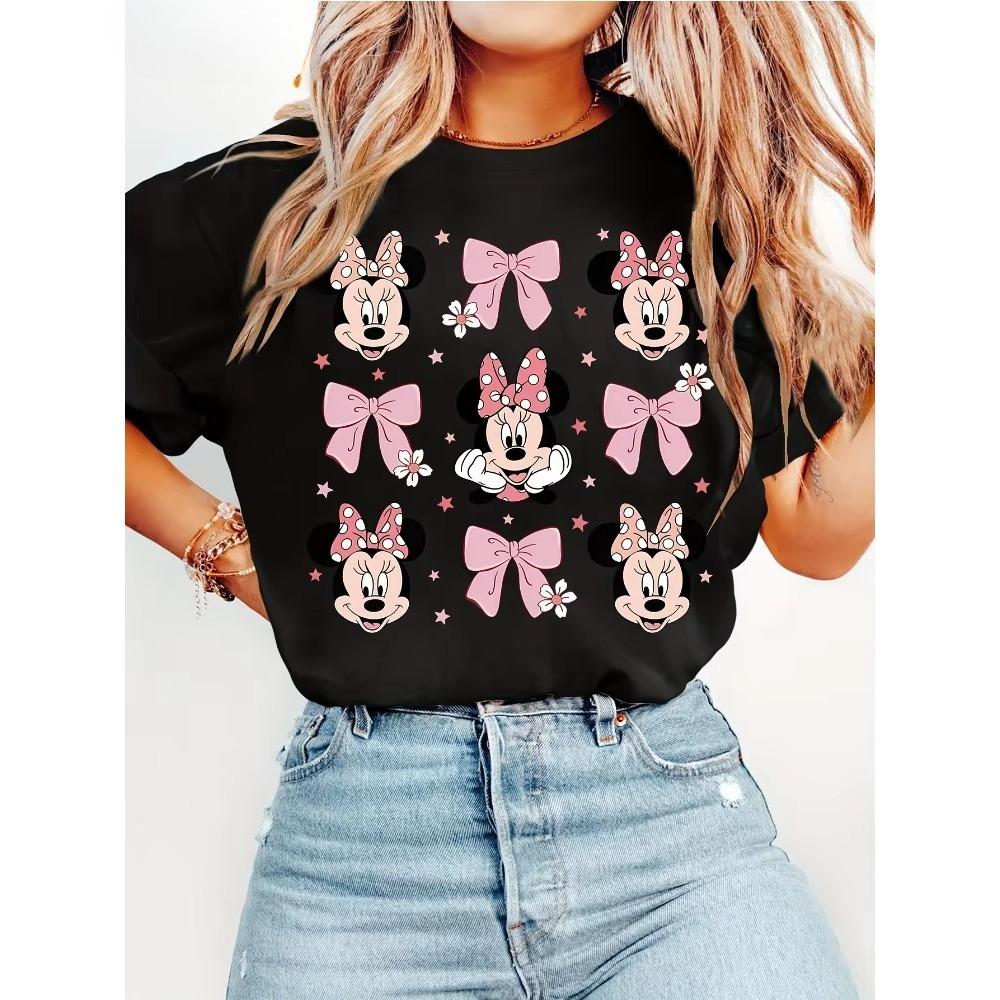 Ladies Short Sleeved Retro Cartoon Sweet and Cute Minnie Print Round Neck Tshirt Fashionable Casual Daily Versatile Top
