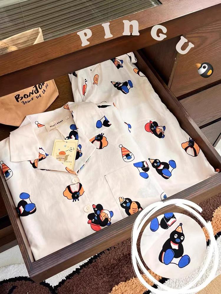 

Japanese sweet ins style full of printed little penguin pajamas women s summer cardigan short-sleeved shorts two-piece loungewear S