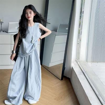 Girls' Summer Thin Outfit Children's Korean Version Fashion Sleeveless Top+wide Leg Pants 2pcs Set Children's Clothing