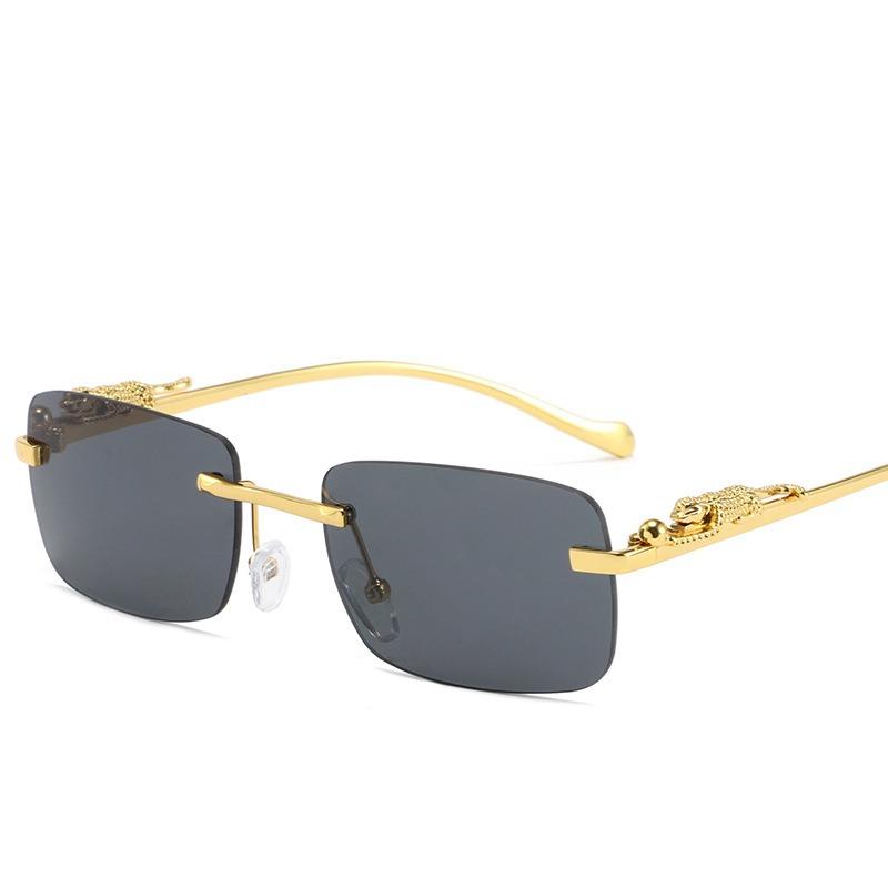 

1PC fashionable retro rectangular borderless cut edge sunglasses with gold leopard head decoration metal sunglasses
