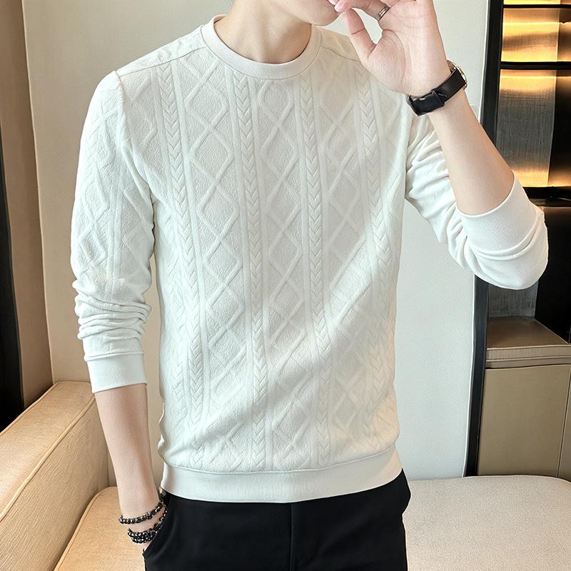 New Autumn and Winter Men's Hatless Sweatshirt Round Neck Pullover Jacquard Versatile Knitted Top Loose Long-sleeved Base Shirt Men