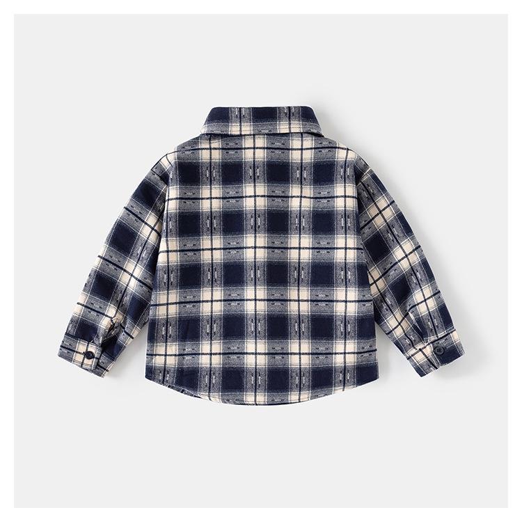 2026 Spring Kids' Blue Plaid Embroidered Long Sleeve Shirt for Boys