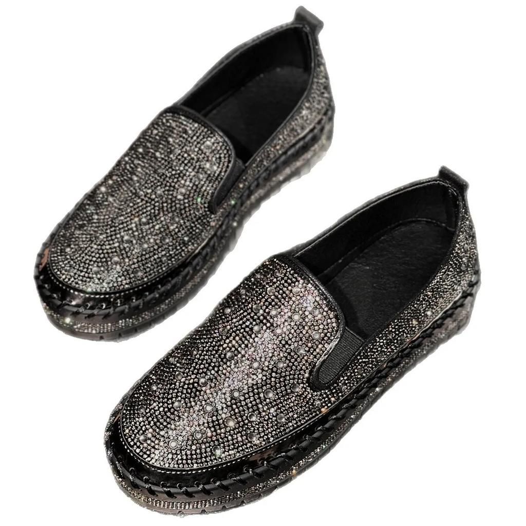 Spring 2026 Casual Fashion Thick Bottom Slip-On Loafers Diamond Embellished Large Size Flat Shoes round Toe Rubber Sole