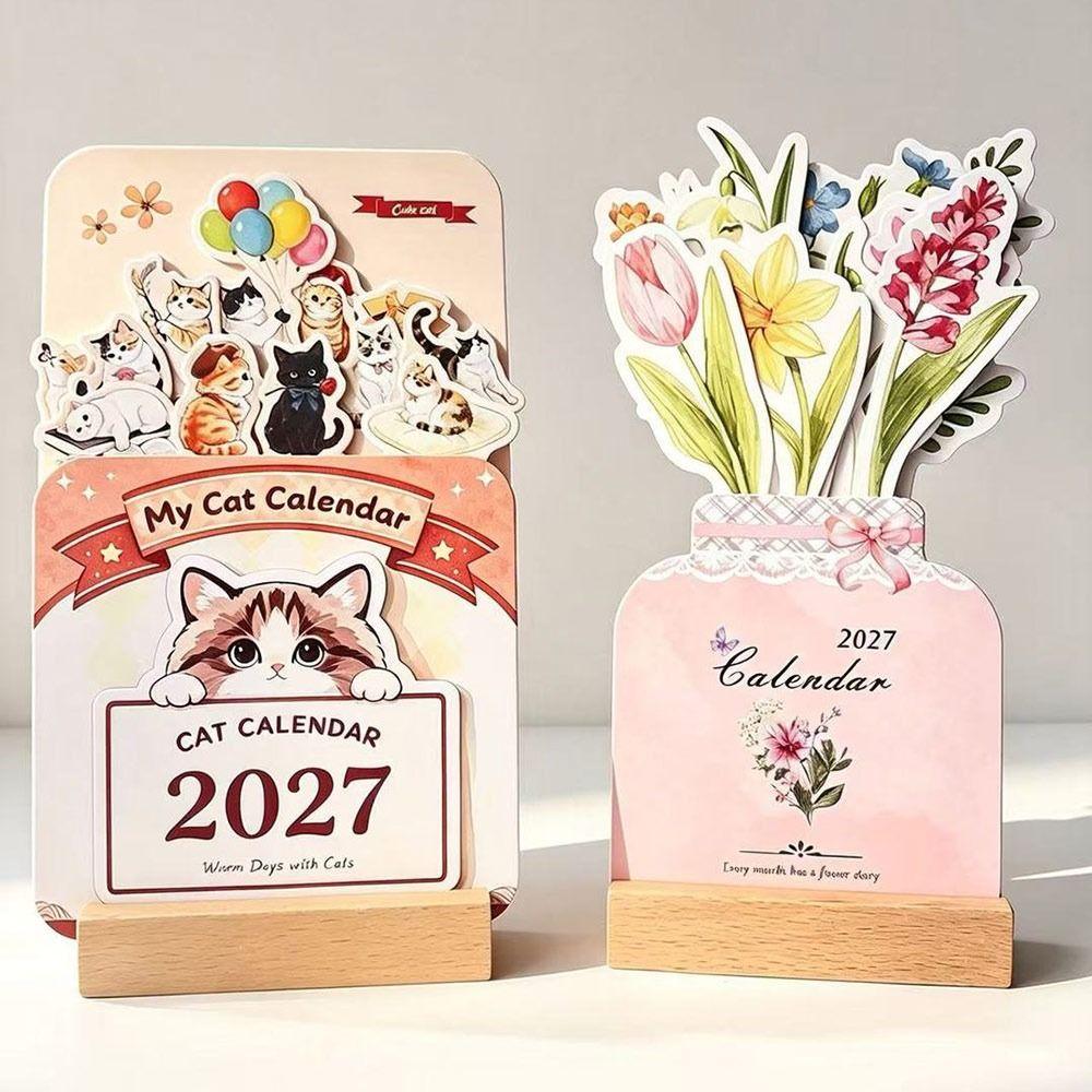Floral Artwork 2027 Desk Calendar Wooden Base Monthly Desk Calendar Home Office Decorative