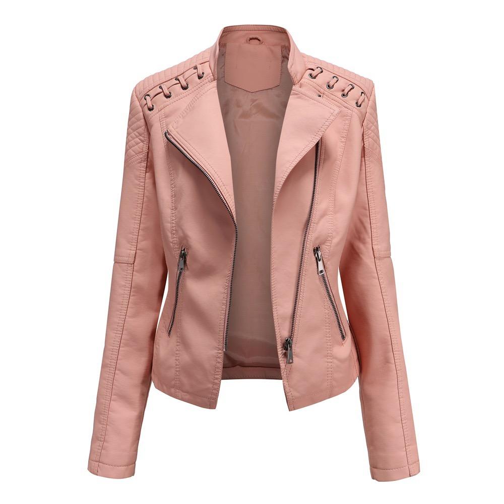 VAYLA Women Fashion Lace-up Leather Jacket Slim Fit Spring Autumn Motorcycle Jacket Zipper Jacket